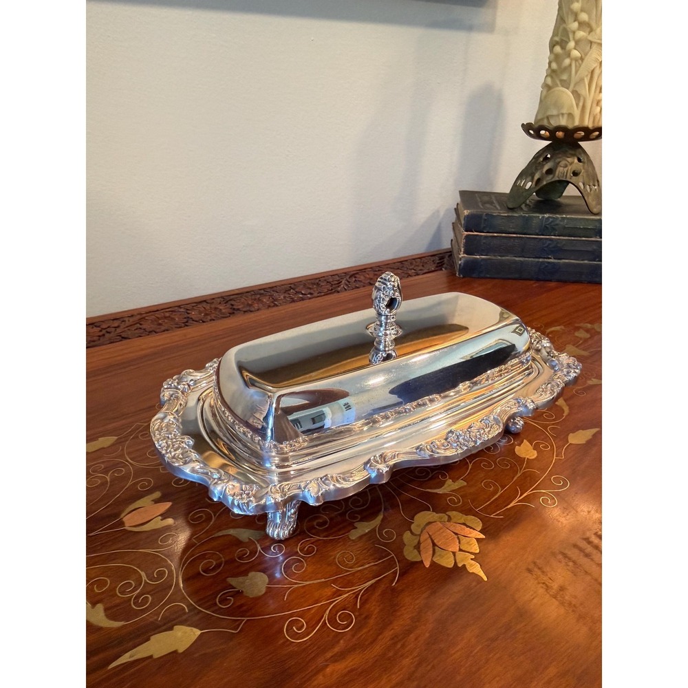 Vintage Poole Silver Co Lancaster Rose #413 Footed Butter Dish with Glass Liner